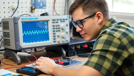 A beginner using a digital oscilloscope on a workbench