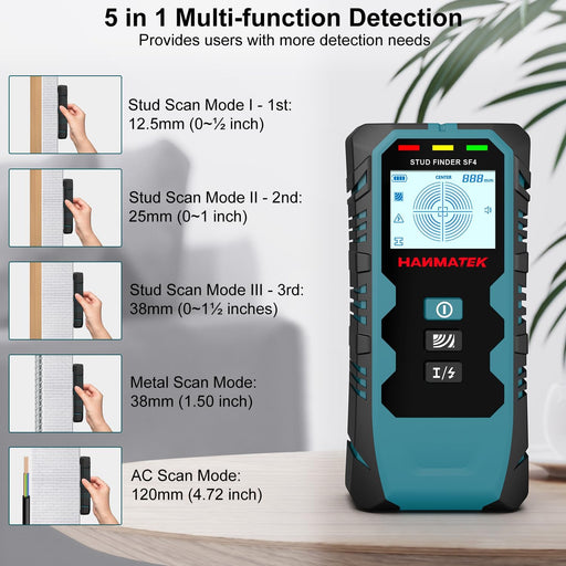 HANMATEK SF4 Wall Scanner displaying 5 in 1 multi-function detection modes for professional and home use.