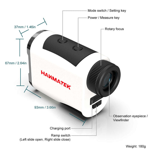 Rangefinder with labeled parts and dimensions on a white background