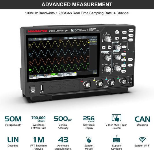 HANMATEK AHO814 4-Channel Smart Touchscreen Oscilloscope displaying waveforms and features.