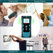 HANMATEK SF4 Wall Scanner in use for floating shelves, hanging pictures, mounting TVs, and self-renovation tasks.