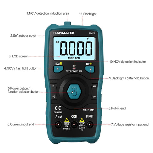 HANMATEK® DM20 Digital Multimeter TRMS with LCD screen and auto ranging features labeled