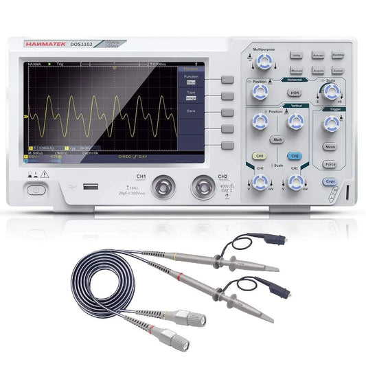Hanmatek digital oscilloscope 110MHz with dual channels and included probes for precise waveform analysis