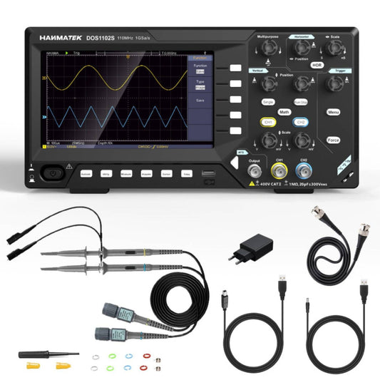HANMATEK® 110 MHz benchtop oscilloscope with touchscreen and accessories for detailed signal analysis