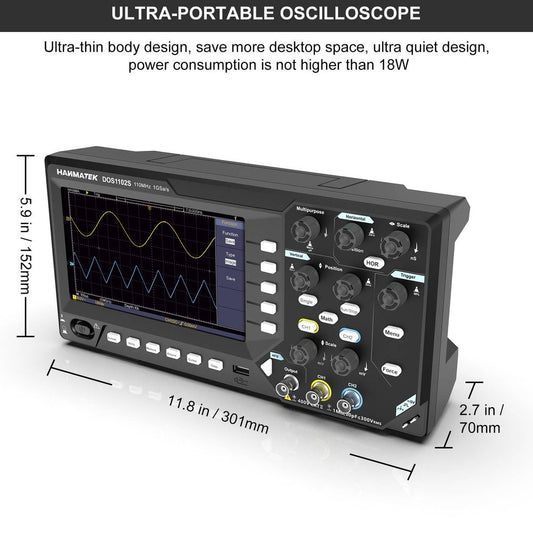 HANMATEK 110 MHz benchtop oscilloscope with a compact design and user-friendly controls for efficient waveform analysis