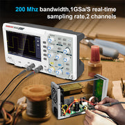 HANMATEK 200 MHz benchtop oscilloscope with dual channels and high sampling rate features