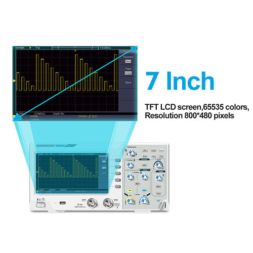 HANMATEK® 200 MHz benchtop oscilloscope featuring a 7-inch TFT LCD screen with high-resolution display
