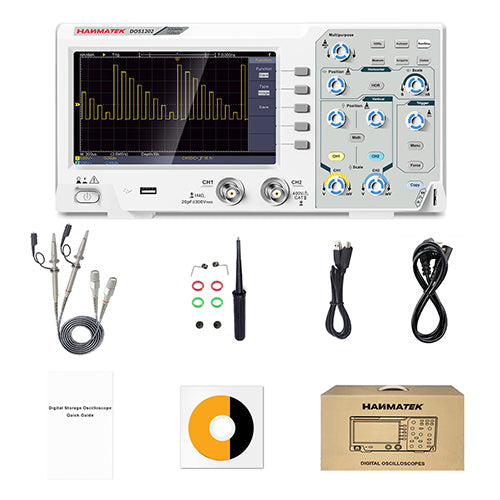 HANMATEK® 200 MHz benchtop oscilloscope with measurement probes and accessories for precise signal analysis