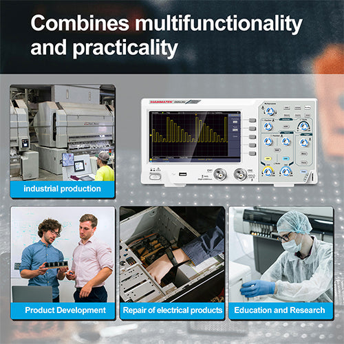 HANMATEK® 200 MHz benchtop oscilloscope showcasing multifunctional use in industrial production and research.