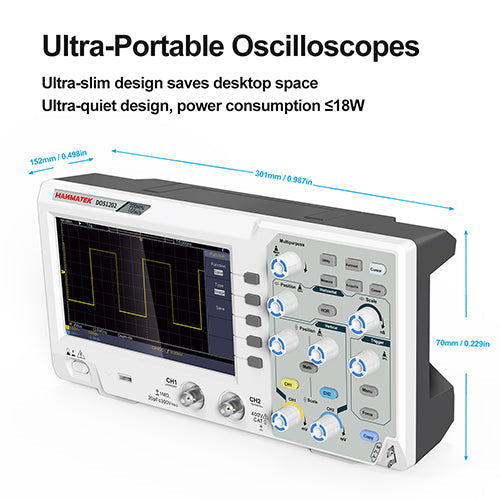 HANMATEK® 200 MHz benchtop oscilloscope with ultra-slim design and low power consumption