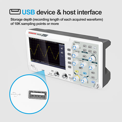 HANMATEK® 200 MHz benchtop oscilloscope with USB interface and intuitive controls for waveform analysis