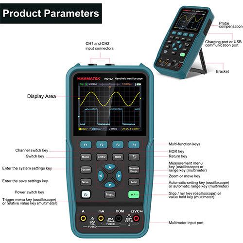 HANMATEK handheld oscilloscope for electronics with LCD display and multi-function buttons