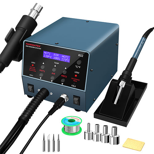 HANMATEK heat gun soldering station with digital display, soldering iron, nozzles, and accessories for electronics projects