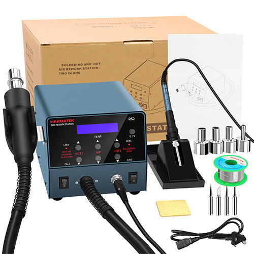 HANMATEK heat gun soldering station with soldering iron, tips, and accessories for electronics repair