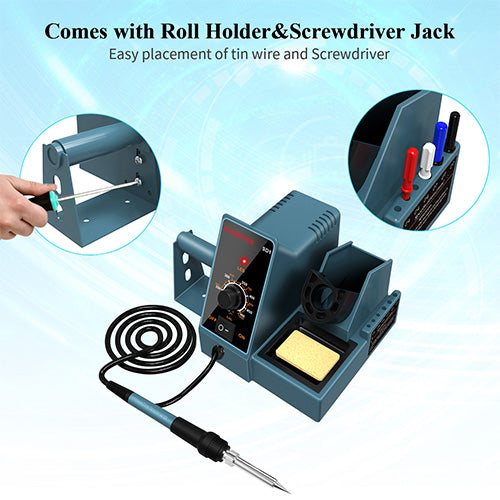 HANMATEK digital soldering station with roll holder and screwdriver jack for easy wire placement