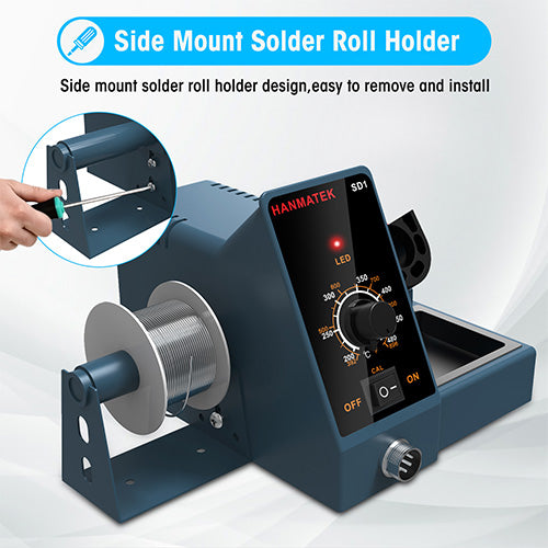 HANMATEK® digital soldering station with side mount solder roll holder for easy installation and removal
