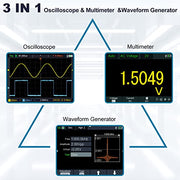 HANMATEK® handheld oscilloscope displaying oscilloscope, multimeter, and waveform generator functions