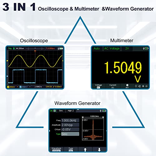 HANMATEK® handheld oscilloscope displaying oscilloscope, multimeter, and waveform generator functions