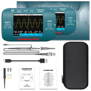 HANMATEK® HO11 Handheld Oscilloscope with display, probes, cables, and accessories laid out on a surface.
