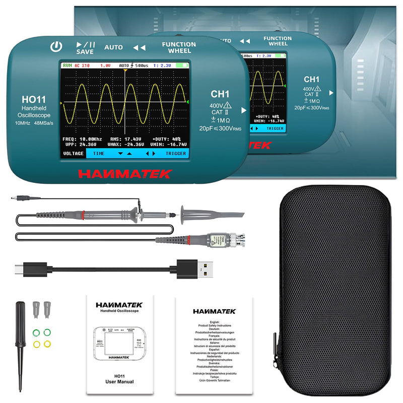 HANMATEK® HO11 Handheld Oscilloscope with display, probes, cables, and accessories laid out on a surface.