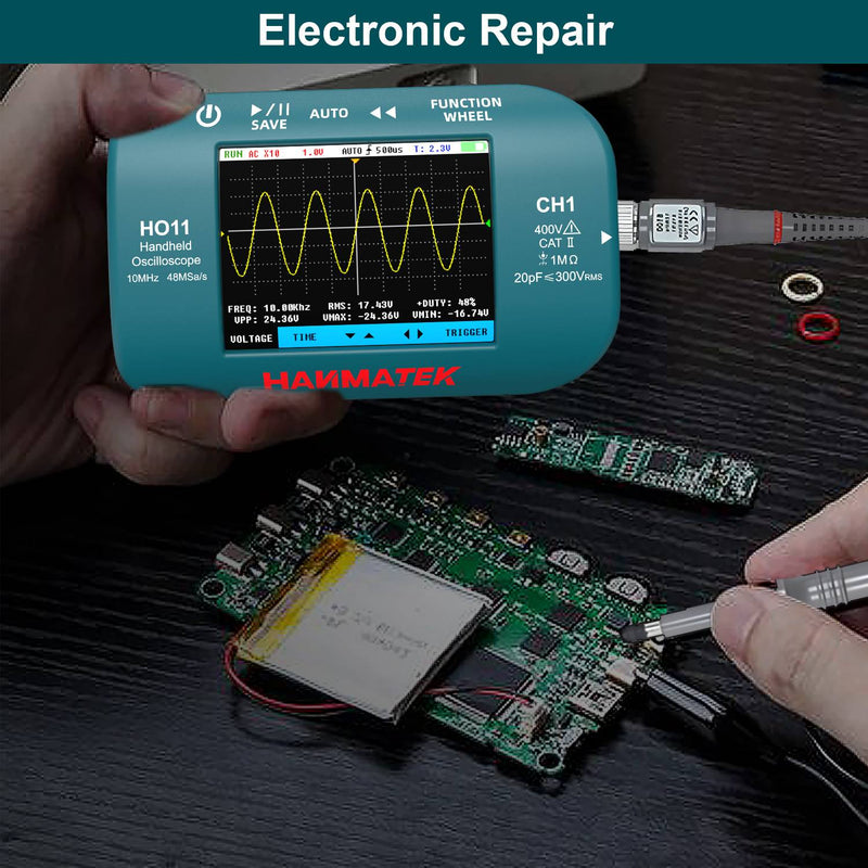 HANMATEK® HO11 Handheld Oscilloscope in use for electronic repair, displaying waveform signals on the screen.