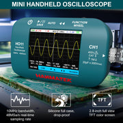HANMATEK® HO11 Handheld Oscilloscope displayed on a circuit board, showcasing waveform signals and features.
