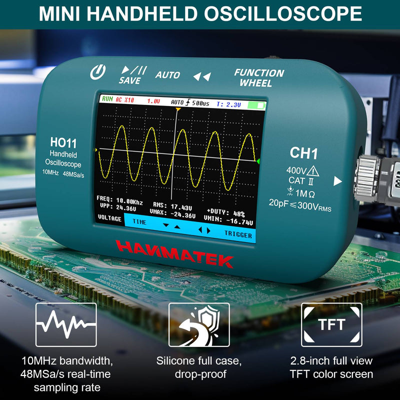HANMATEK® HO11 Handheld Oscilloscope displayed on a circuit board, showcasing waveform signals and features.