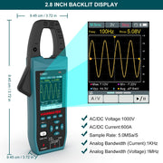 HANMATEK clamp oscilloscope multimeter with 2.8 inch display showing voltage waveforms