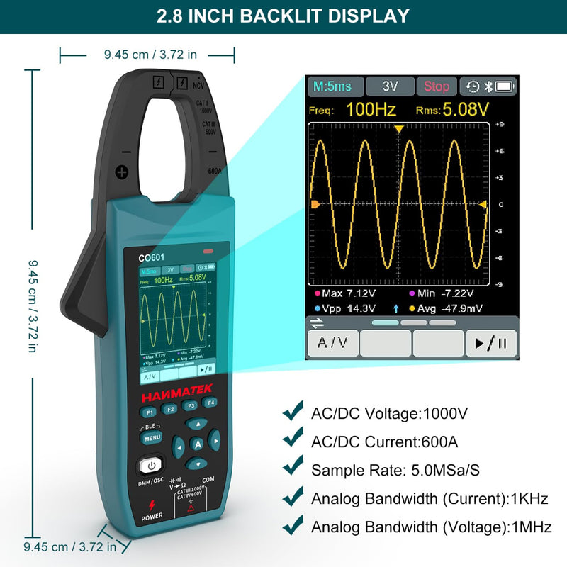 HANMATEK clamp oscilloscope multimeter with 2.8 inch display showing voltage waveforms