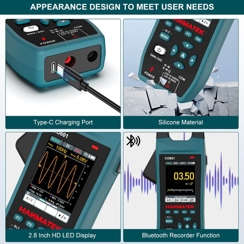 HANMATEK clamp oscilloscope multimeter with Type-C port, HD display, and Bluetooth recording feature
