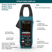 HANMATEK clamp oscilloscope multimeter with dual display and non-contact voltage sensing features