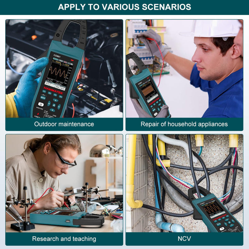 HANMATEK® clamp oscilloscope multimeter for outdoor maintenance, appliance repair, and research scenarios