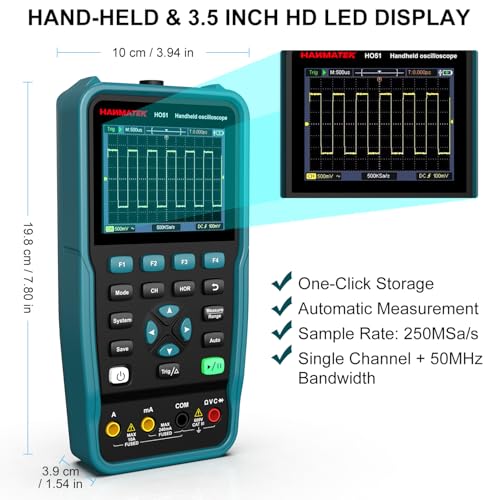 HANMATEK handheld oscilloscope for electronics with 3.5 inch HD LED display and automatic measurement feature