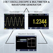 HANMATEK handheld oscilloscope for electronics displaying waveform generator and multimeter functions