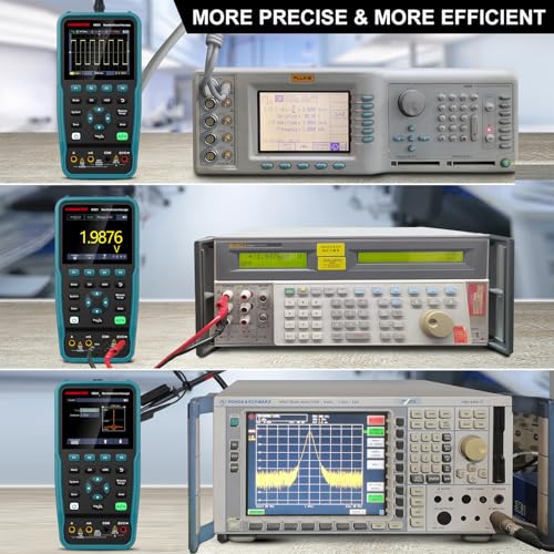 HANMATEK® handheld oscilloscope for electronics displaying waveforms and measurement data