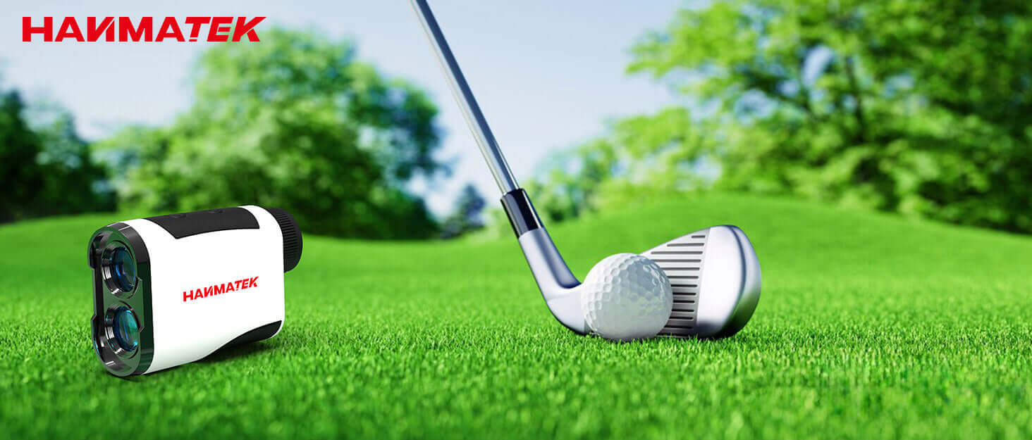 Golf rangefinder and club on green grass with golf ball, outdoor measurement tool