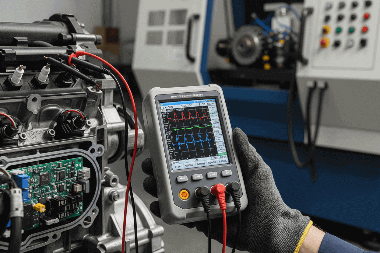 Handheld oscilloscope measuring signals in automotive engine diagnostic setting