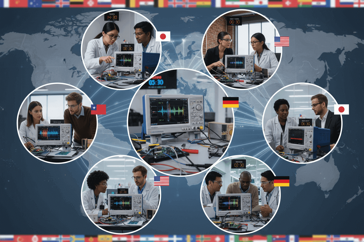Engineers worldwide using benchtop oscilloscopes in lab settings, with global flags and waveforms displayed.