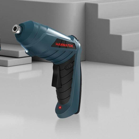 Cordless electric drill with ergonomic grip and LED indicator on modern background