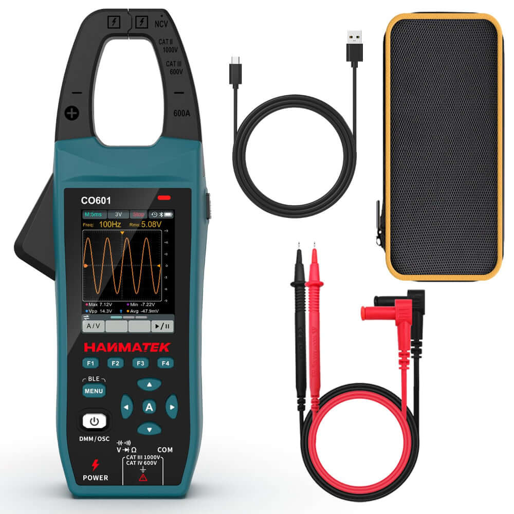 Digital clamp meter with display, USB cable, test leads, and carrying case