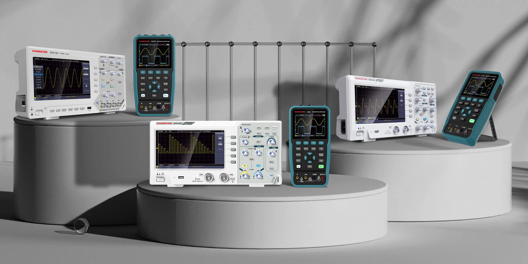 Various oscilloscopes displayed on pedestals showcasing their screens and features.