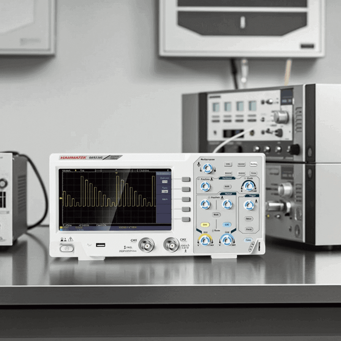 Digital oscilloscope with waveform display on lab bench, surrounded by electronic test equipment