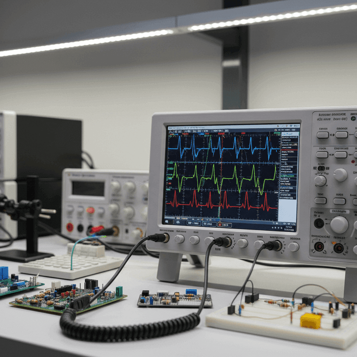 Benchtop oscilloscope analyzing circuit signals in a modern electronics lab setup