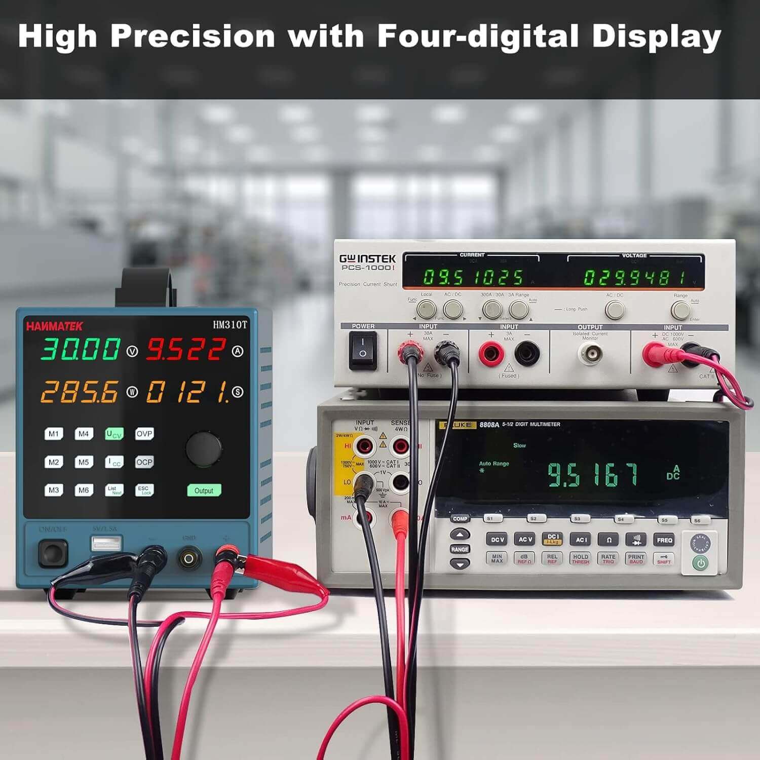 Digital bench power supply and multimeter test instruments displaying voltage and current readings