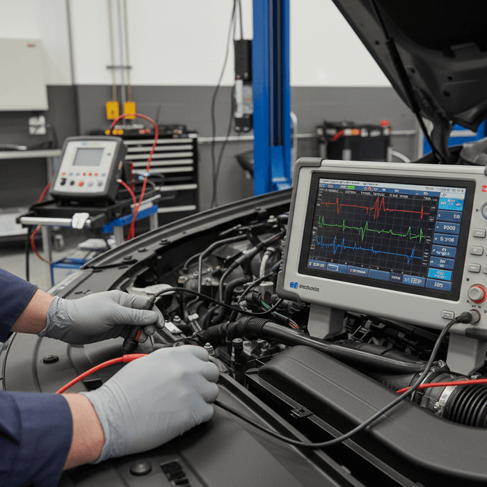 Technician using oscilloscope diagnostics tool for car engine testing in workshop