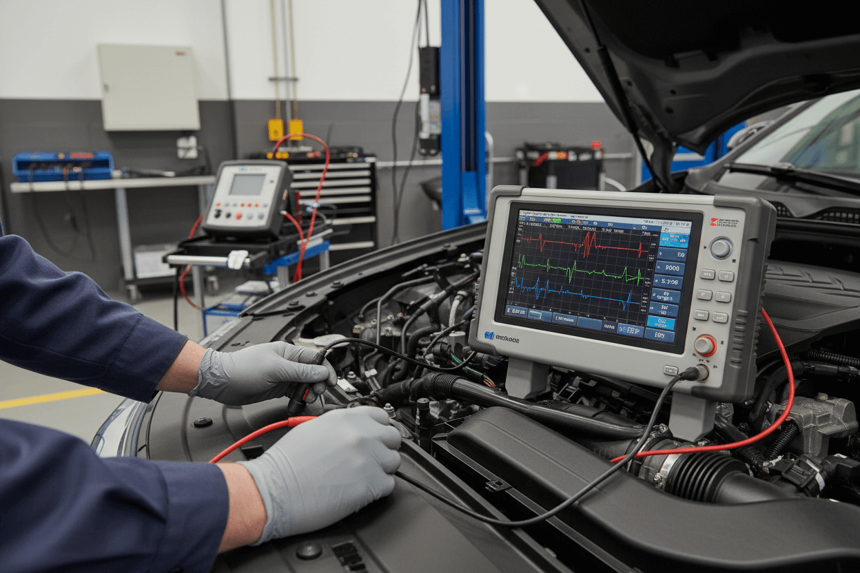 Technician using oscilloscope diagnostics tool for car engine testing in workshop