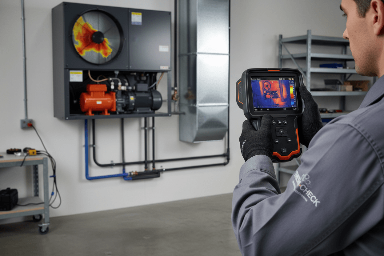 Technician uses infrared thermal imaging camera to inspect industrial HVAC system indoors