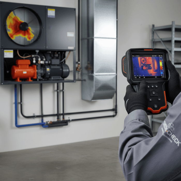 Technician uses infrared thermal imaging camera to inspect industrial HVAC system indoors