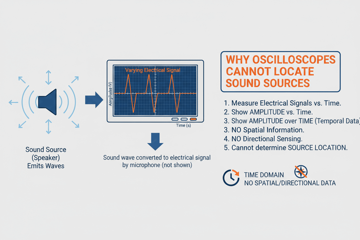 Diagram explaining why oscilloscopes cannot locate sound sources, showing a speaker emitting waves, conversion of sound to electrical signals, oscilloscope time-domain display, and a list of limitations such as no spatial or directional sensing.