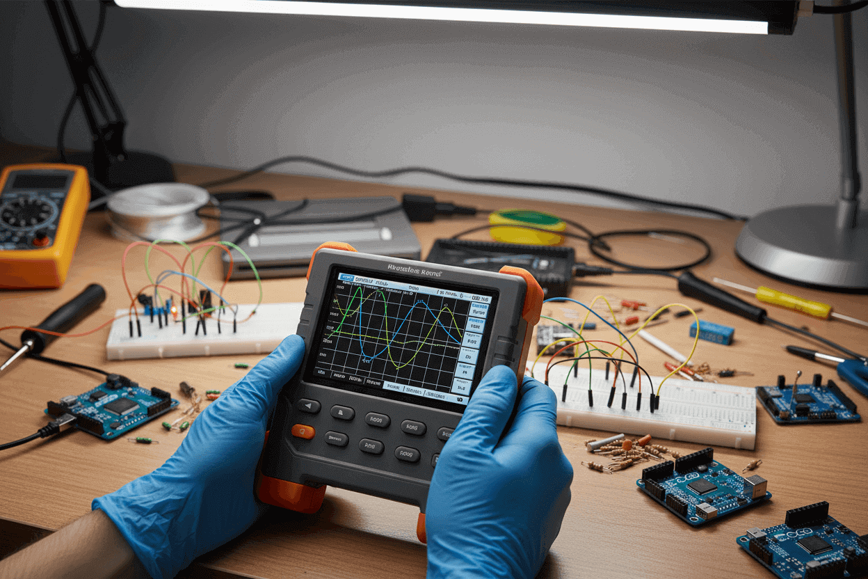 Handheld oscilloscope displaying waveforms, used for electronics projects on a workbench